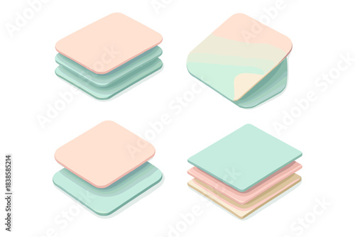 Pastel Paper Geometry. Isometric vector illustration set Layered paper geometry: stacked rectangles, rounded corners, folded