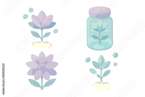 Cosmic Herbarium Wonders. Isometric vector illustration set Cosmic herbarium: alien flowers with geometric petals, soft light