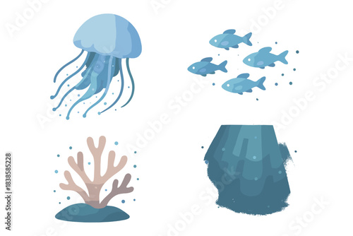Glowing Ocean Life. Isometric vector illustration set Glowing ocean life: deep sea jellyfish emitting soft blue light, small fish