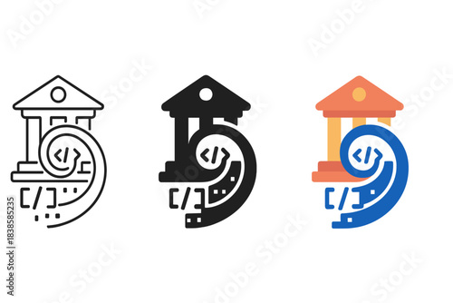 Temple Code Fusion. Abstract fusion of temple and code spiral visualizing harmony between faith and computation, first in line