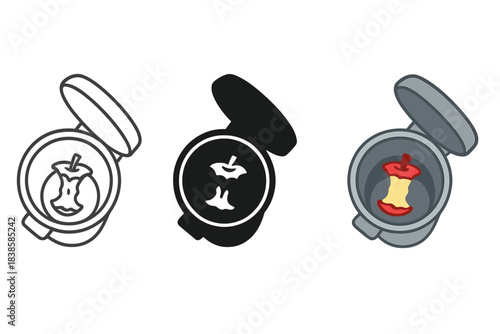 Apple Core Trio. Top view of open bin with visible apple core remains and soft shadow contour, first in line style with thin