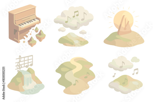 Dreamscape Symphony Illustration. Isometric vector illustration set Dreamscape symphony: upright piano dissolving into floating