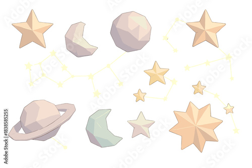 Origami Star Constellations. Isometric vector illustration set Constellation craft: origami polygons shaped like stars and planets