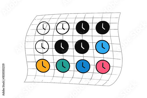 Clock Symbols Artistry. Minimalist grid of clock symbols arranged on bending plane of elastic texture, first in line style with