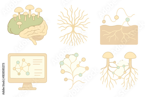 Mycelial Brain Map. Isometric vector illustration set Mycelial thought mapping: mushroom field as living brain, root clusters