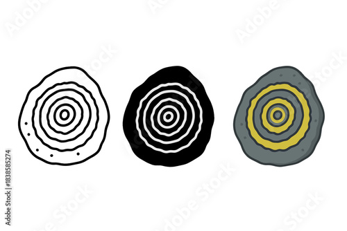 Lichen Growth Patterns. Close-up of stone with circular lichen growth rings symbolizing slow natural change, first in line style