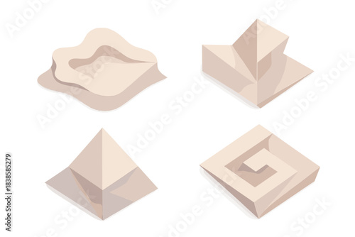 Pastel Origami Forms. Isometric vector illustration set Abstract paper geometry: layered folded forms creating topographic shapes,