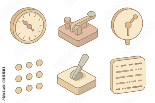 Telegraph Glyph Icons. Isometric vector illustration set Telegraphic glyph systems: brass dials, coded levers, circular signal