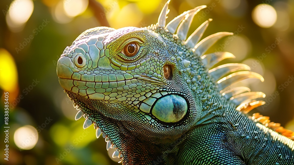 Fototapeta premium Green iguana basking in natural sunlight showing textured scales and detailed eye