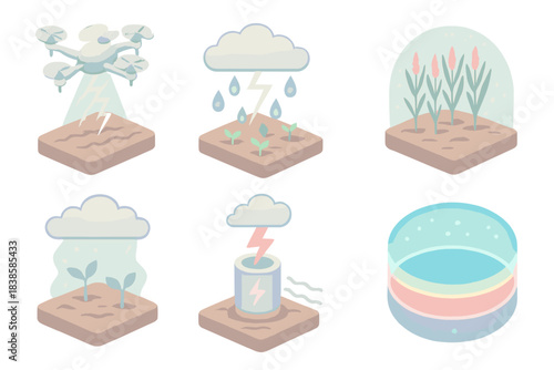 Atmospheric Farming Innovations. Isometric vector illustration set Atmospheric farming: drones capturing lightning to seed clouds,