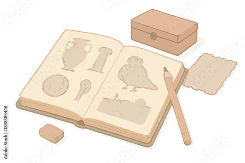 Archaeologist's Desk Essentials. Isometric vector illustration set Excavation sketches: archaeologist’s notebook showing temple