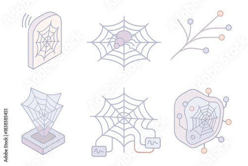 Silk Signal Architecture. Isometric vector illustration set Silk signal architecture: geometric web design transmitting pulses,