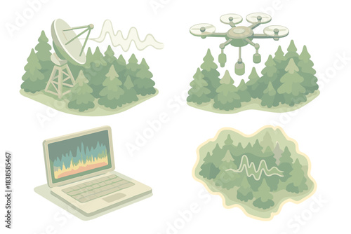Bioacoustic Technology Fusion. Isometric vector illustration set Bioacoustic observatory: radio telescopes pointed toward dense