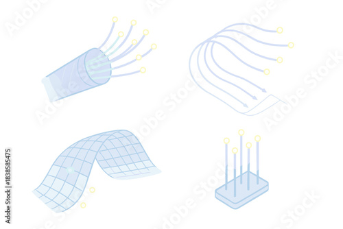 Fiberoptic Design Blueprints. Isometric vector illustration set Fiberoptic blueprints: transparent layers, glowing cables, data