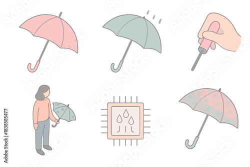 Dynamic Weather Accessories. Isometric vector illustration set Weather-reactive accessories: umbrella shifting to pink under heat,