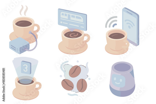 Digital Coffee Ritual. Isometric vector illustration set Algorithmic coffee ritual: morning cup connected to station database,
