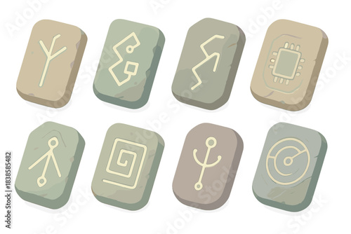 Digital Rune Tablets. Isometric vector illustration set Digital rune tablets: carved circuit symbols, glowing glyphs, stone