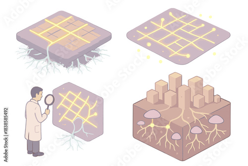 Bioluminescent Fungal Cityscape. Isometric vector illustration set Mycelial city mapping: glowing fungal roots outlining urban