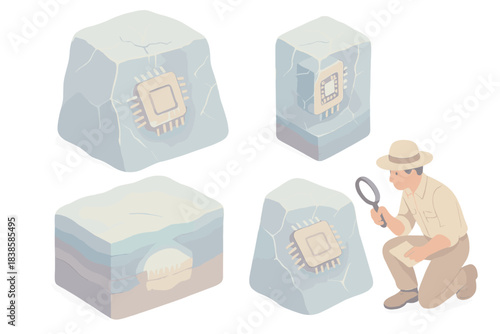 Frozen Tech Fossils. Isometric vector illustration set Frozen internet fossils: microchips trapped in transparent ice, binary code