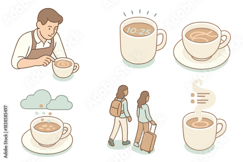 Temporal Coffee Oracle. Isometric vector illustration set Temporal coffee oracle: barista interpreting foam patterns, mug glowing