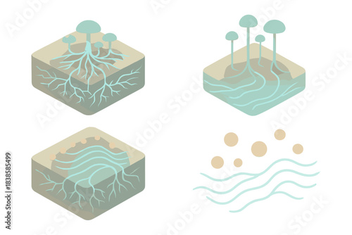 Digital Mycelium Network. Isometric vector illustration set Digital mycelium field: interconnected fungal systems glowing under