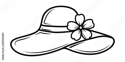 Stylized outline drawing of a broad-brimmed sun hat adorned with a flower