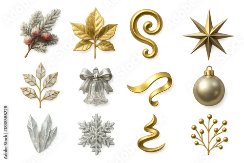 Festive Christmas ornaments and decorations in gold and silver on a black background