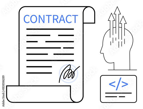 Contract concept. Contract document with digital signature and programming elements showing legal and tech integration. Contract in technology, law, digital transactions, business platforms