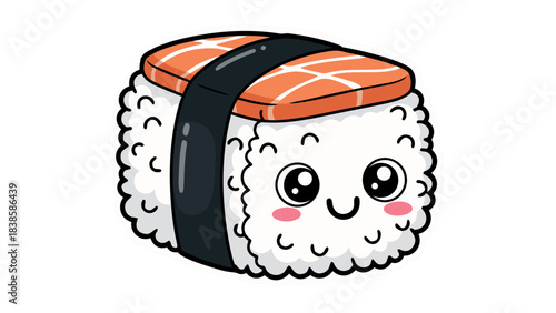 Adorable Cartoon Nigiri Sushi with Smiling Face and Pink Cheeks Isolated on Black Background