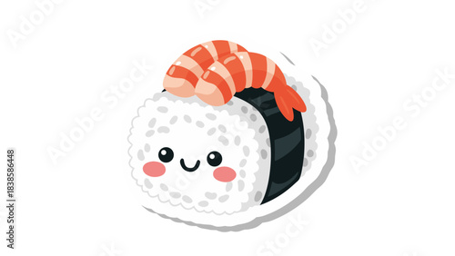 Adorable Kawaii Sushi Roll with Shrimp Topping and Cute Face on Black Background Vector Illustration