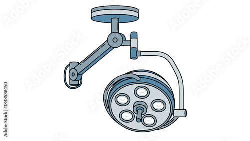 Adjustable Surgical Overhead Medical Examination Light Fixture with Multiple Reflectors Mounted on a Robotic Arm in a Dark Room