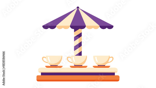 Amusement Park Teacup Ride With Purple And Cream Striped Canopy And Three Teacups On A Bright Orange And Purple Platform