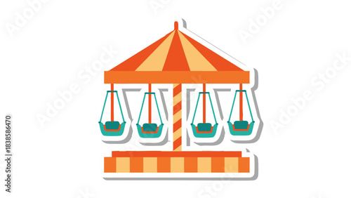 Amusement Park Carousel With Swings In Orange And Teal Colors Against A Black Background Featuring A Striped Canopy And Square Base
