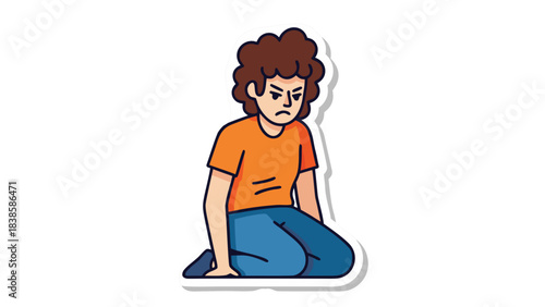 An Angry Young Man Kneeling Down Wearing An Orange T Shirt And Blue Jeans With Brown Curly Hair And A Frustrated Expression On His Face Against A Black Background, Isolated Character With White