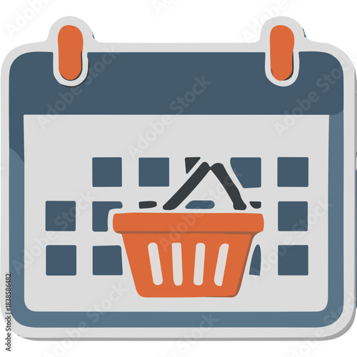 Calendar Icon with Shopping Basket Symbol Represents Planning and Purchasing Events With Orange and Blue Colors Against a White Background