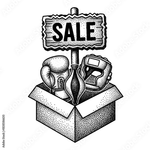 boxing equipment box with gloves and headgear and a sign Sale, sports items discount illustration in retro halftone style