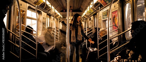 Woman interacts with passengers on a subway train in New York City