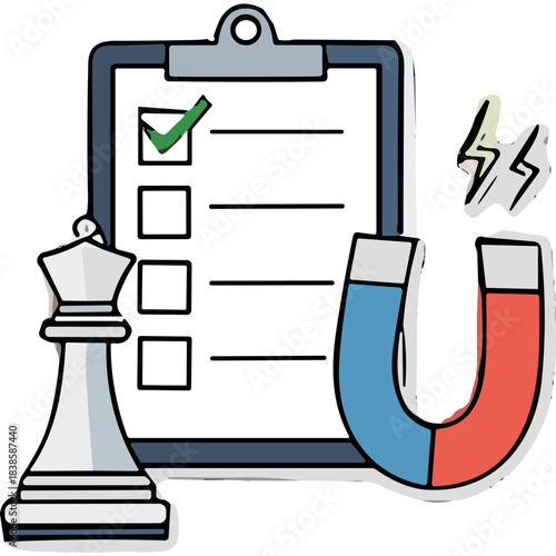 Checklist clipboard with green checkmark and to do list next to white chess queen and horseshoe magnet symbolizing strategy and attraction in business or planning colorful illustration on white