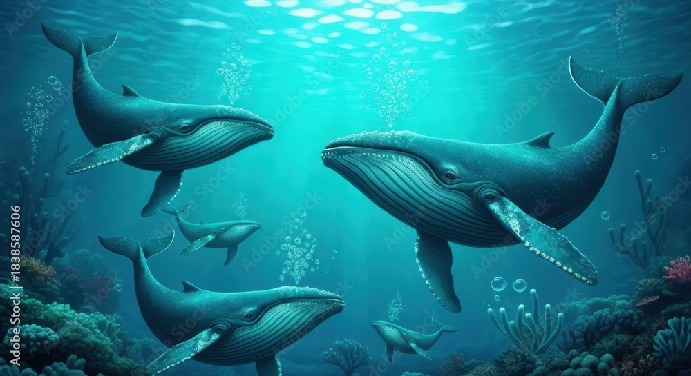 Fototapeta premium Whales gracefully glide through a vivid turquoise ocean exploring sunlit depths