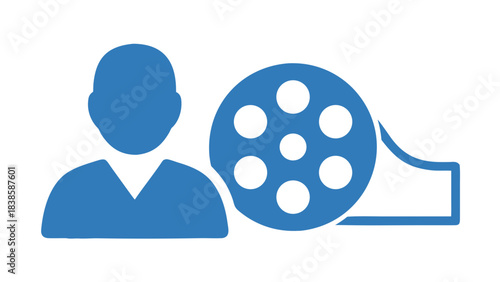 Blue Icon of a Person Standing Next to a Film Reel Representing Filmmaking or Cinema Production