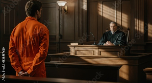 Man in orange jumpsuit stands at courtroom podium facing a stern judge