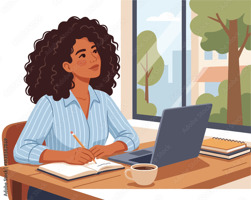 Obraz premium Creative woman working with a laptop at a desk by a large window with trees outside in a bright and modern workspace minimal background and natural
