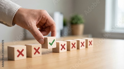 Selecting correct choice concept with check mark block among red xs on wooden cubes