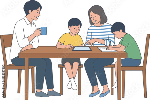 Families Engaged in a Cozy Daily Activity Gathering Around a Wooden Table with Books and Drinks Creating a Warm Homely Atmosphere