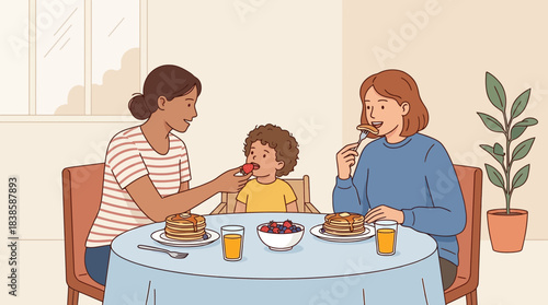 Family breakfast scene with mother, child, and another woman enjoying pancakes and fruit on a cozy morning backdrop with indoor plant and window