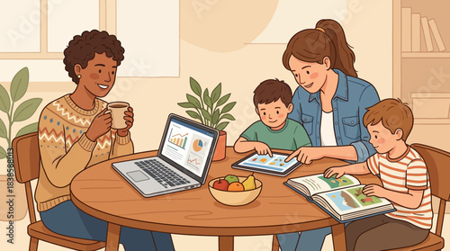 interactive outdoor learning session with diverse children and a teacher in a cozy home environment