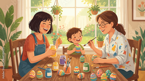 Joyful family decorating Easter eggs together in a sunlit cozy kitchen with vibrant plants and warm atmosphere