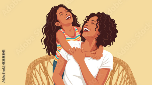 Joyful Mother and Daughter Sharing a Heartwarming Embrace in a Bright Illustration with a Minimalist Design and Earth-Tone Palette
