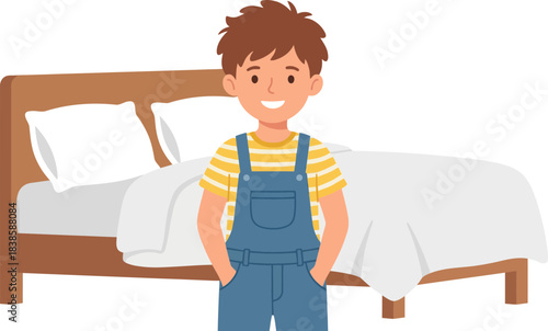 Playful young boy standing confidently in front of a neatly made bed with white linens and a wooden bed frame in a modern bedroom setting with a