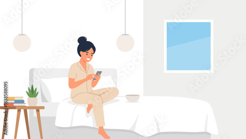 Modern cozy bedroom scene with woman relaxing and using smartphone with minimal decoration and soft lighting creating a tranquil atmosphere for